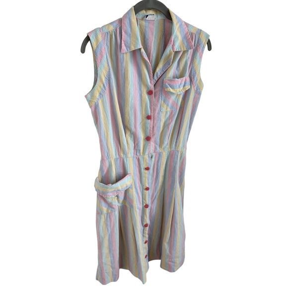 Vintage 70s Pastel Rainbow Seersucker Dress Activi-Tee Cotton Sun Dress XS Small - Picture 4 of 7